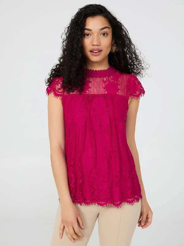 Lace Cap Sleeve Top With Crochet Detail