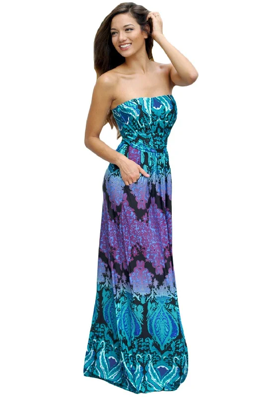 Aqua Purple Strapless Maxi Dress with Pockets