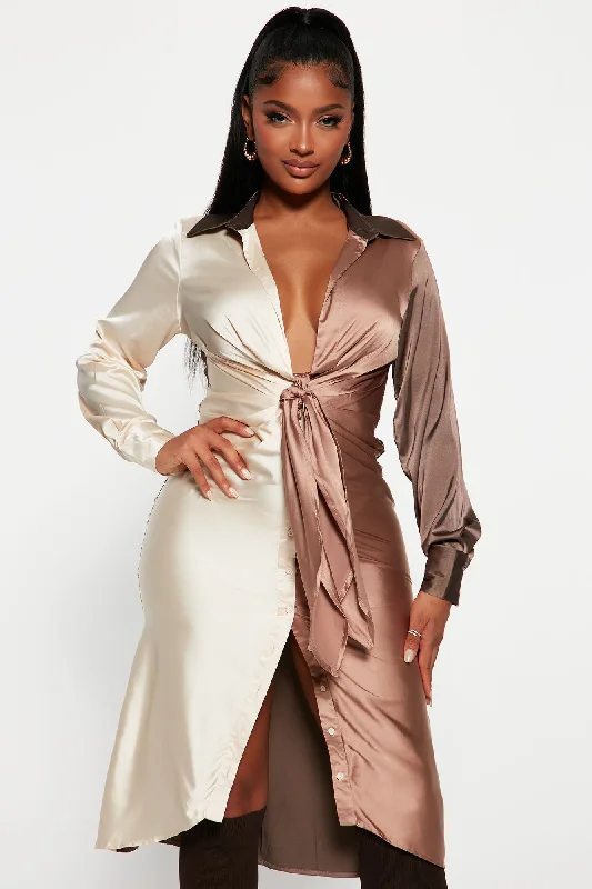 Beauty In A Bottle Satin Midi Dress - Mocha/combo