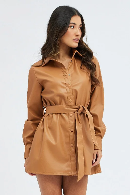 Beige Faux Leather Dress Long Sleeve Collared Belted PU