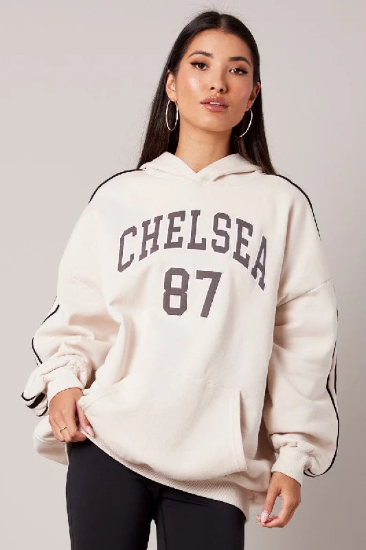 Beige Hoodie Sweater Long Sleeve Graphic