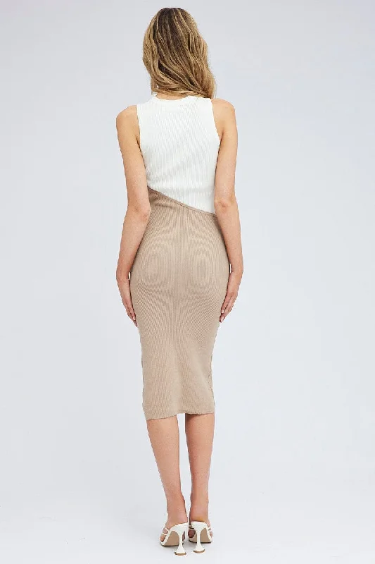 Beige Midi Dress Round Neck Colour Blocked Knit