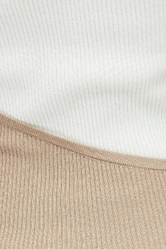 Beige Midi Dress Round Neck Colour Blocked Knit