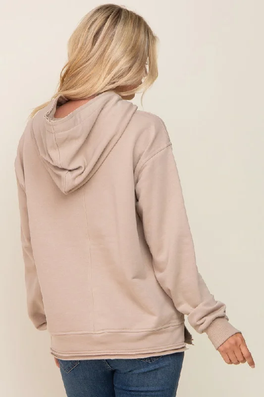 Beige Raw Edge Trim Drawstring Hoodie