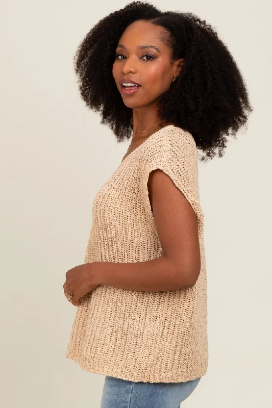 Beige Sleeveless Chunky Knit Top