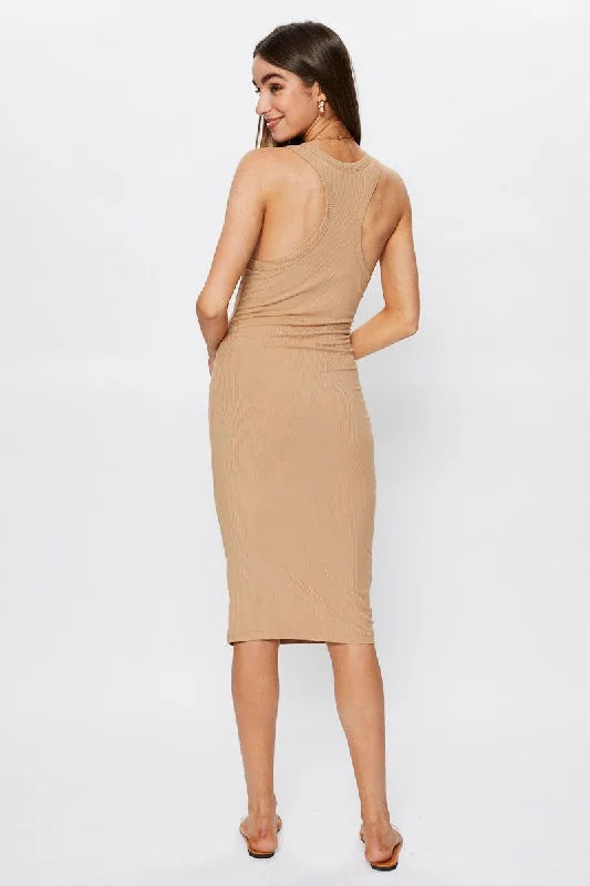 Beige Sleeveless Rib Jersey Midi Dress