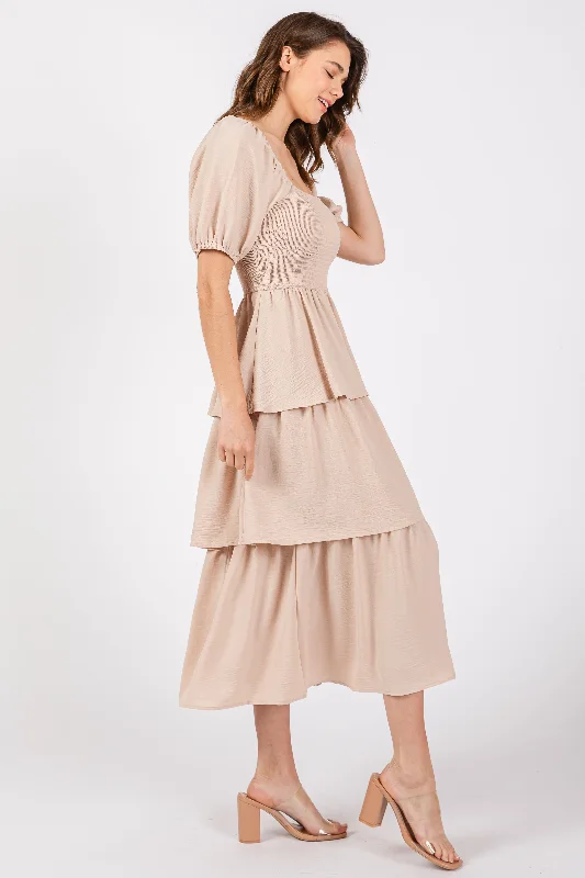 Beige Smocked Square Neck Short Puff Sleeve Ruffle Tiered Midi Dress