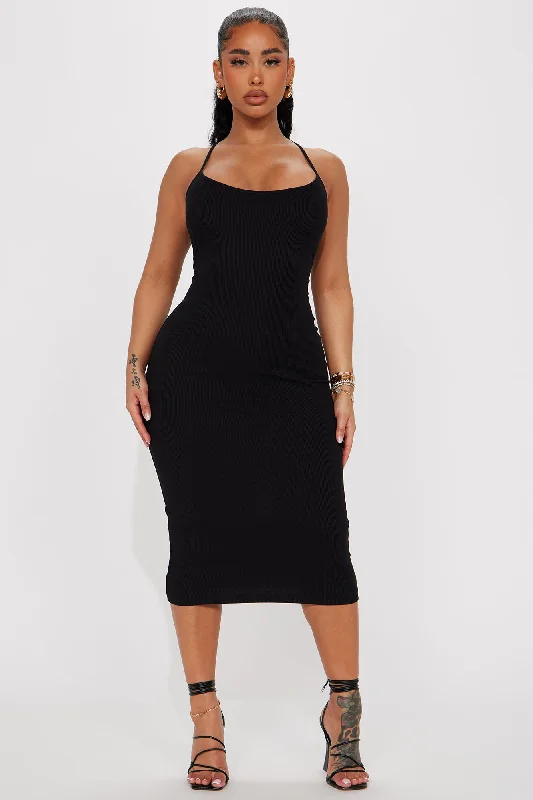 Bella Ribbed Midi Dress - Black