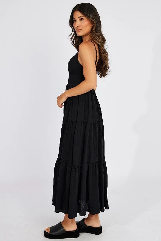 Black Abstract Midi Dress Sleeveless V-Neck