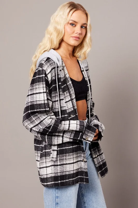 Black Check Hoodie Shacket Long Sleeve