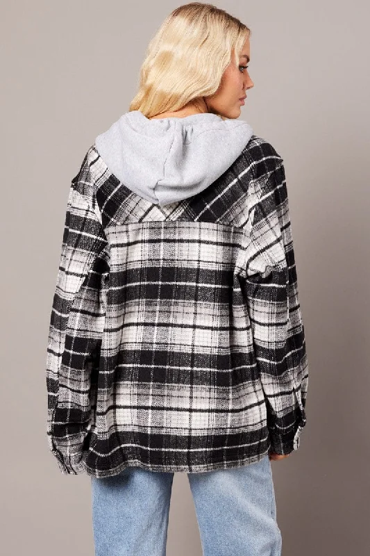 Black Check Hoodie Shacket Long Sleeve