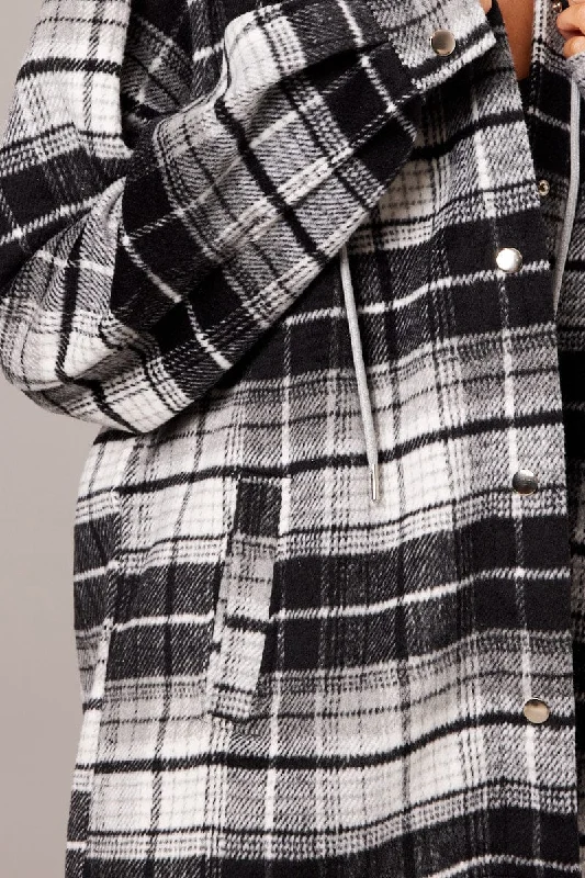 Black Check Hoodie Shacket Long Sleeve