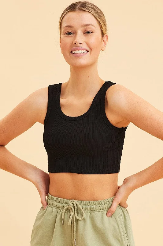 Black Cropped Tank Cotton Blend Rib Racer Back