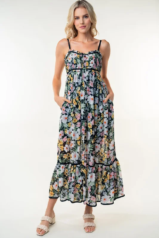 Black Floral Smocked Button Accent Maxi Dress