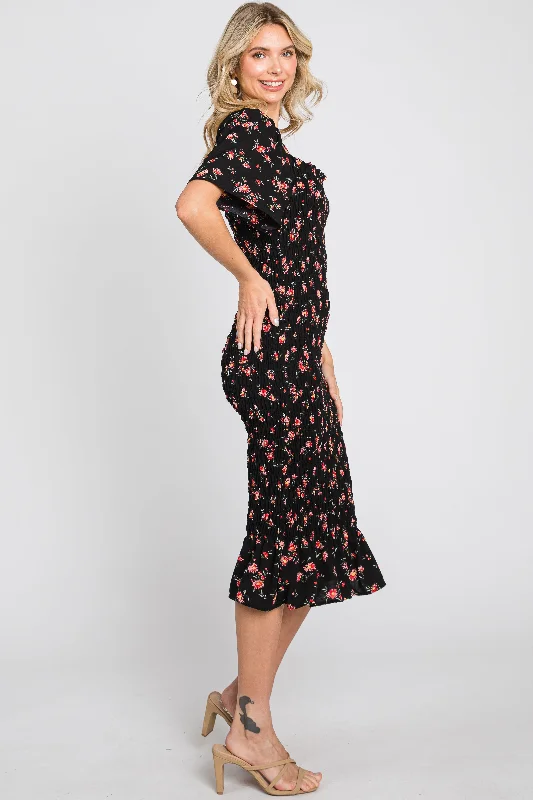 Black Floral Smocked Ruffle Hem Dress