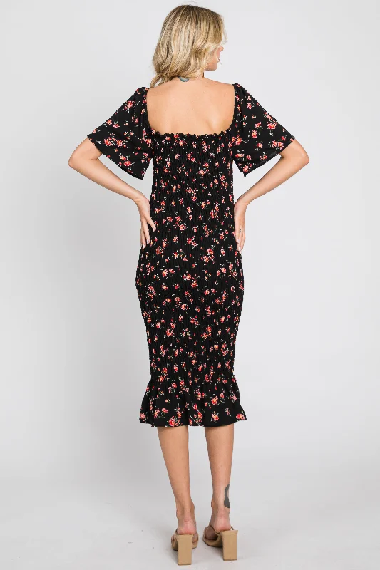 Black Floral Smocked Ruffle Hem Dress