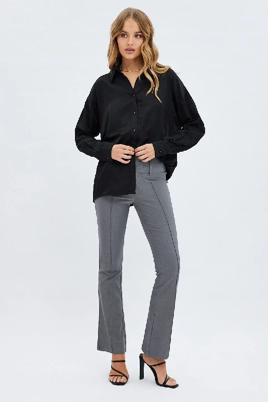 Black Long Shirt Collared Long Sleeve