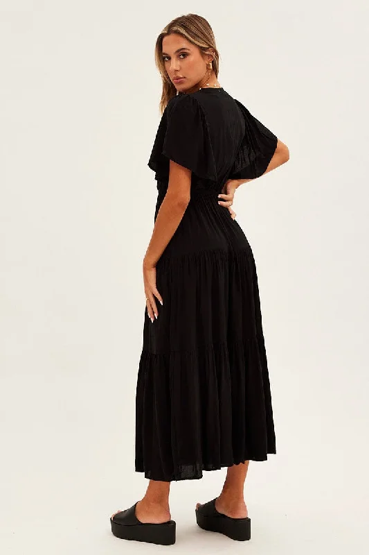 Black Maxi Dress Fluter Sleeve Tiered Hem