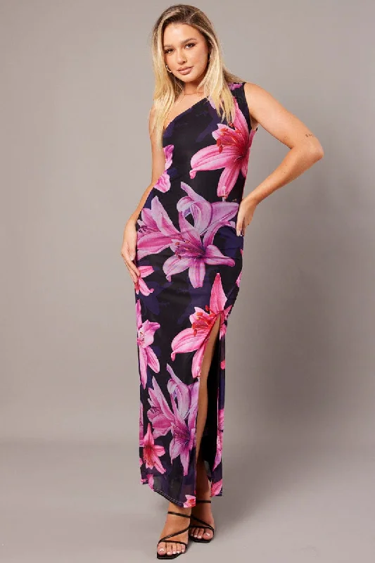 Black Maxi Dress One Shoulder Side Split Dress