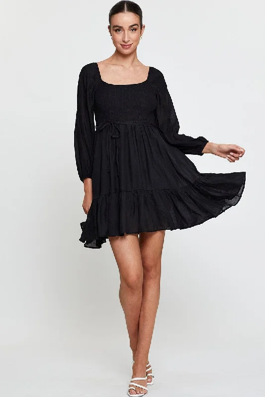 Black Mini Dress Long Sleeve Square Neck