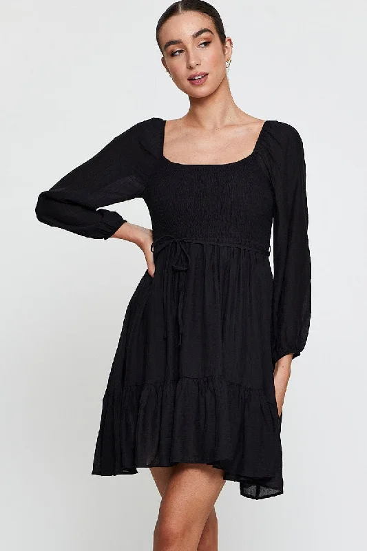 Black Mini Dress Long Sleeve Square Neck