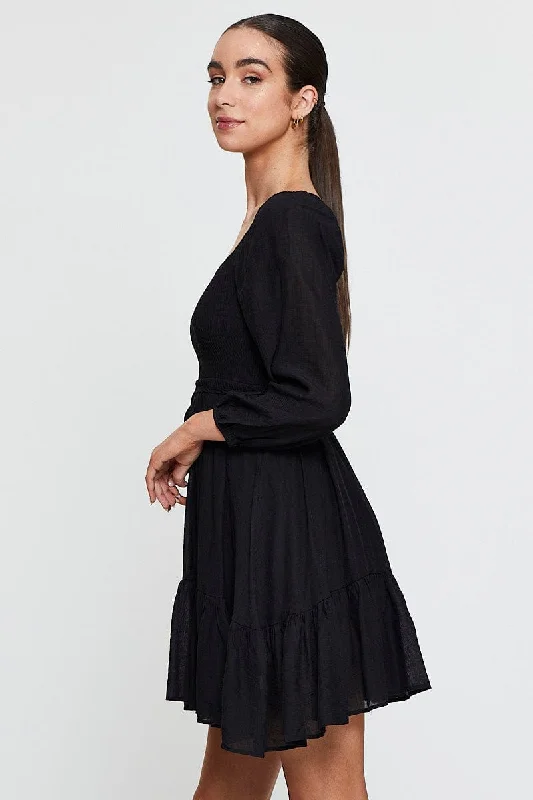 Black Mini Dress Long Sleeve Square Neck