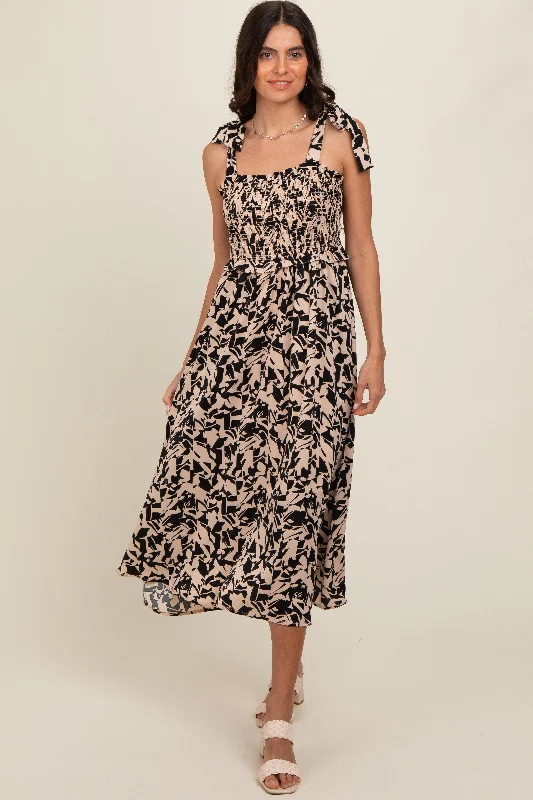 Black Printed Smocked Shoulder Tie Midi Dress