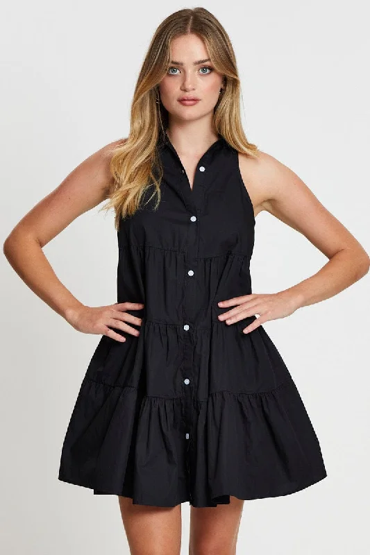 Black Shirt Dress Sleeveless V Neck