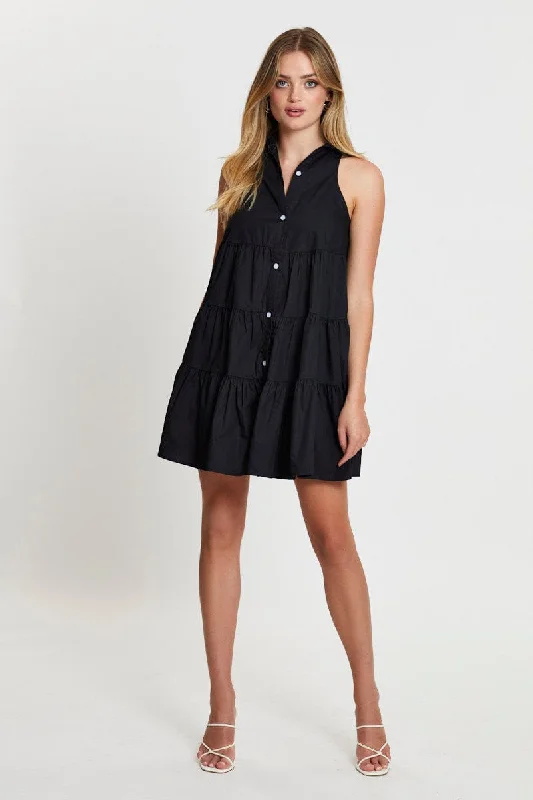 Black Shirt Dress Sleeveless V Neck