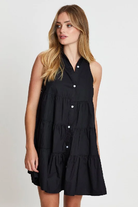 Black Shirt Dress Sleeveless V Neck