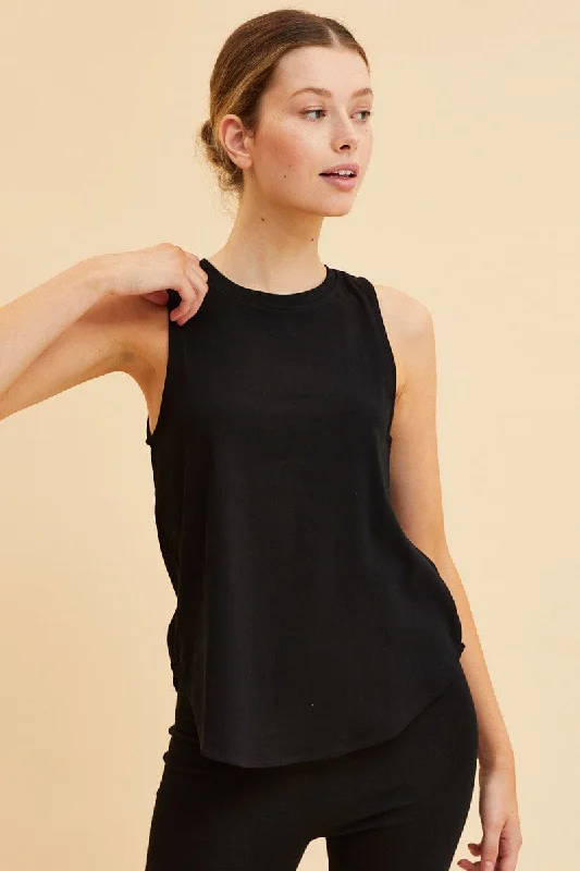 Black Sleeveless Tank Cotton Crew Neck Curved Hem