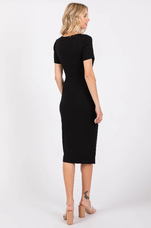 Black Square Neck Belted Midi Dress