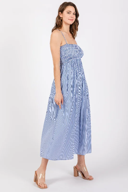 Blue Bartlett Striped Smocked Midi Dress