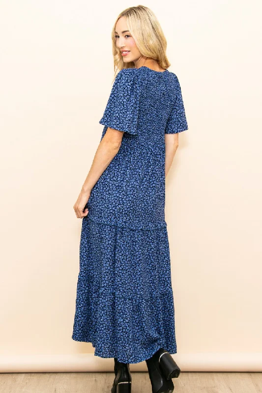 Blue Ditsy Floral Smocked Ruffle Tiered Midi Dress