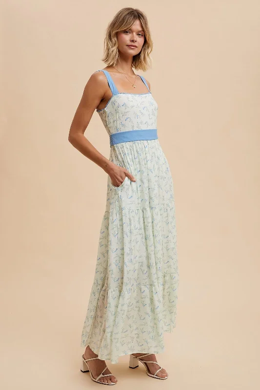 Blue Floral Contrast Sash Tie Maxi Dress