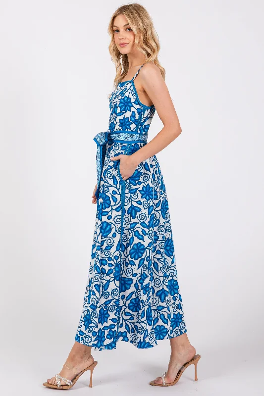 Blue Floral Crochet Accent Waist Tie Dress