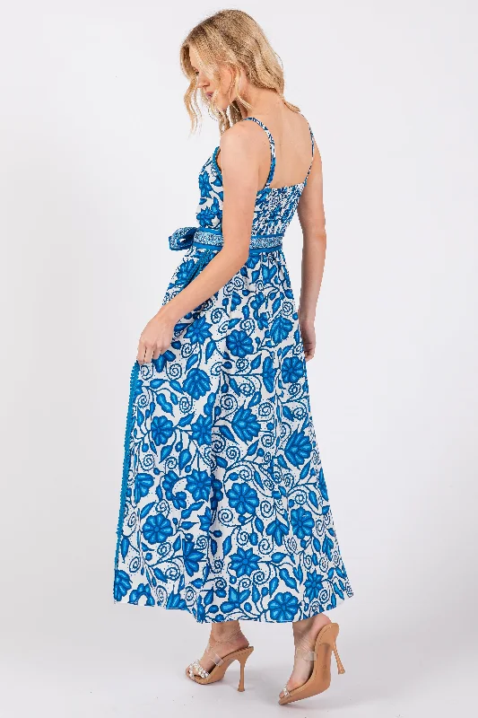 Blue Floral Crochet Accent Waist Tie Dress