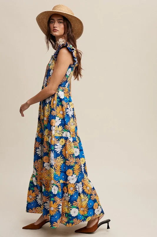 Blue Floral Smocked Tiered Maxi Dress