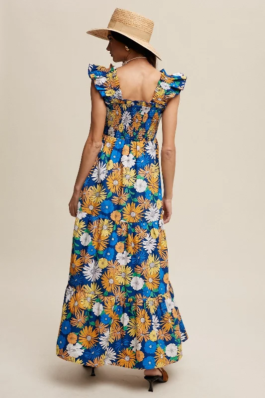 Blue Floral Smocked Tiered Maxi Dress