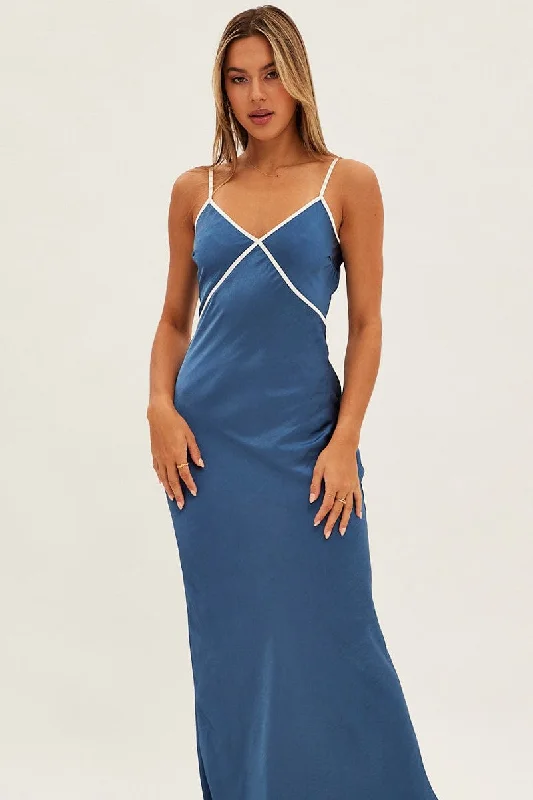 Blue Maxi Dress V Neck Contrast Binding Details Satin