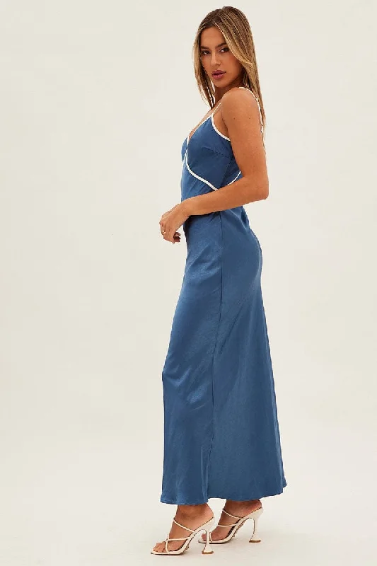 Blue Maxi Dress V Neck Contrast Binding Details Satin