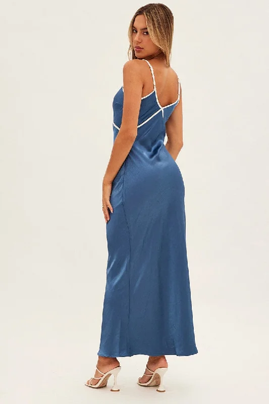 Blue Maxi Dress V Neck Contrast Binding Details Satin