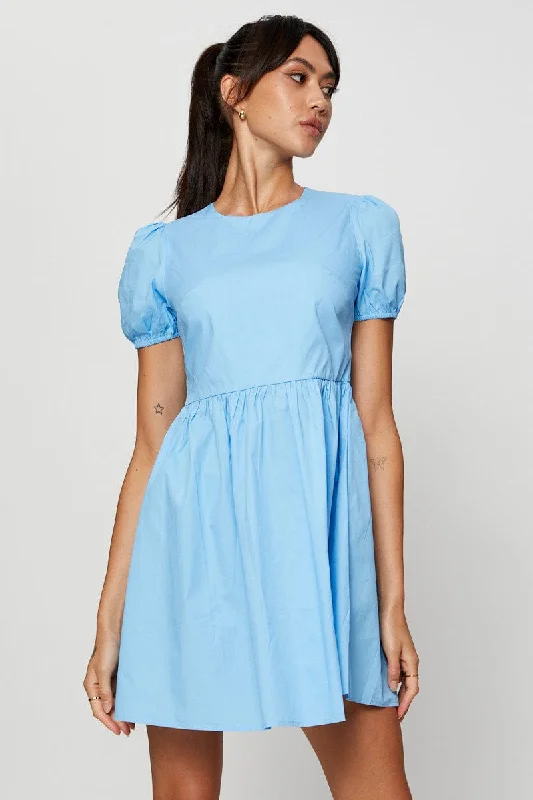 Blue Mini Dress Short Sleeve Round Neck