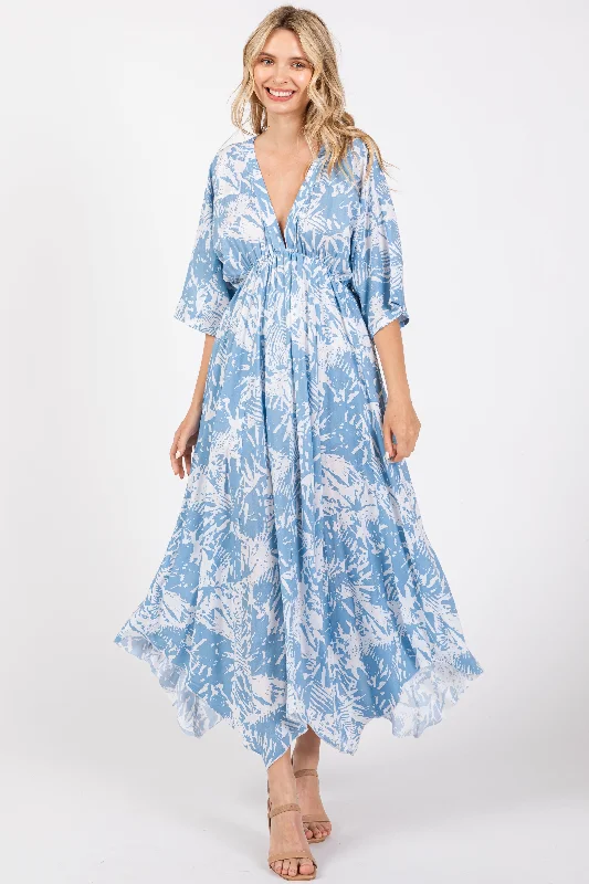 Blue Printed V-Neck Draped Maxi Dress