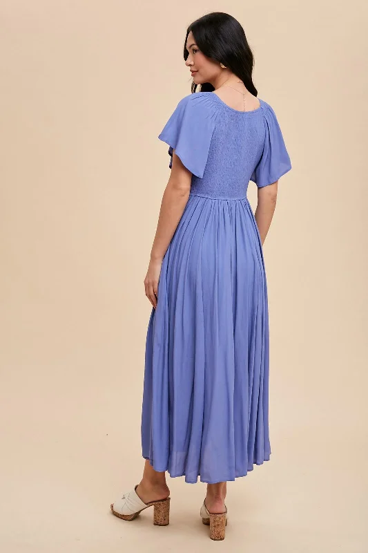 Blue V-Neck Flutter Short Sleeve Midi Dress