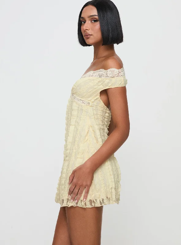 Bonnin Off The Shoulder Lace Mini Dress Yellow