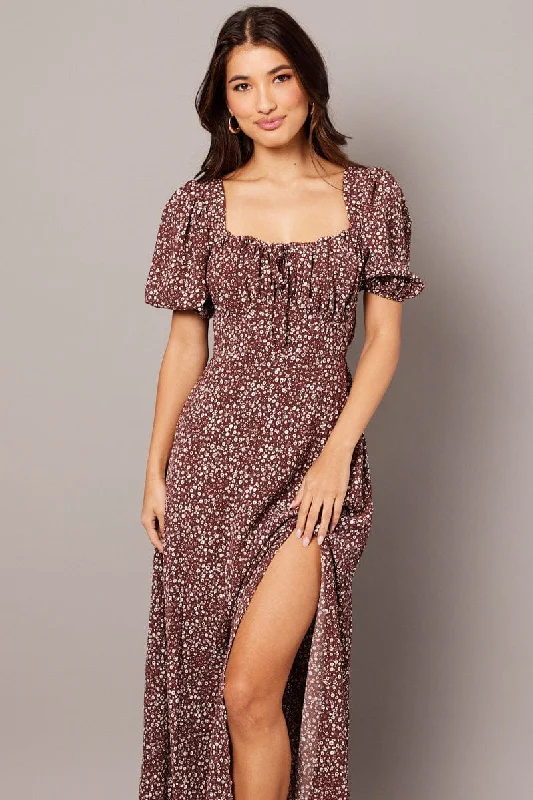 Brown Ditsy Midi Dress Puff Sleeve Midi