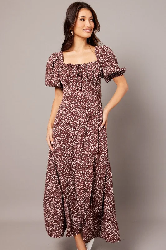 Brown Ditsy Midi Dress Puff Sleeve Midi