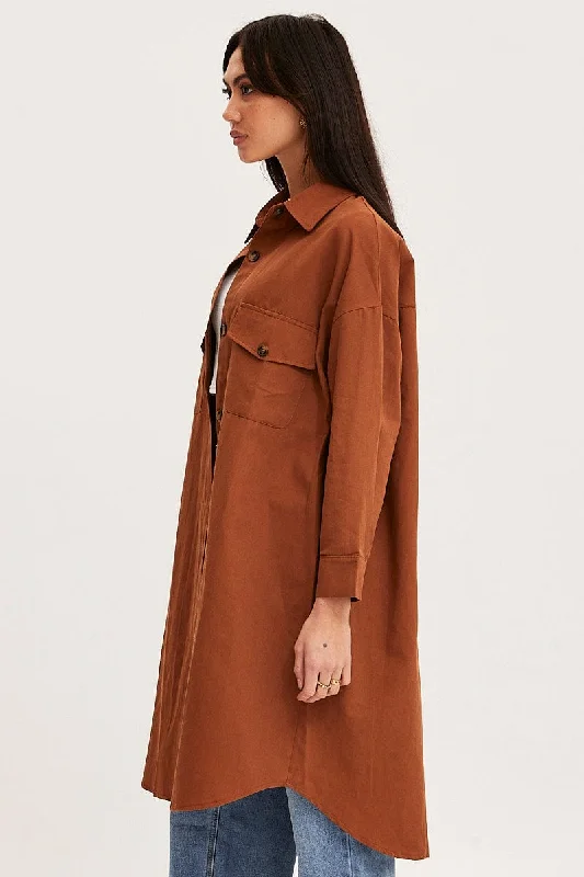 Brown Oversized Shirts Long Sleeve Collared