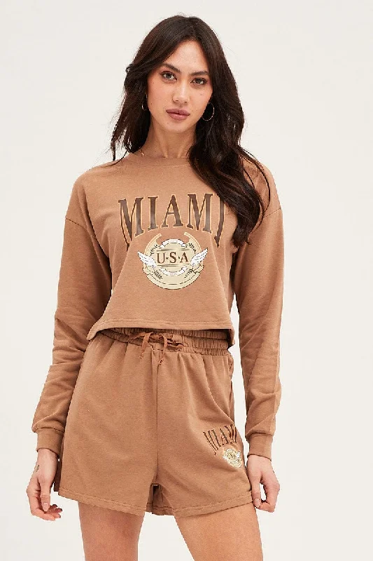 Brown Sweatshirts Crop Cotton